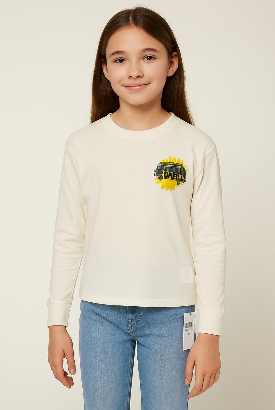 O’Neill Girls 7/8 (M) Cream Long Sleeve Groovy Bus Tee 100% Cotton NWT